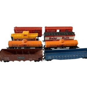 Lot of 8 RR Cars:  Shell Tankers, Box, Caboose, Baby Ruth
